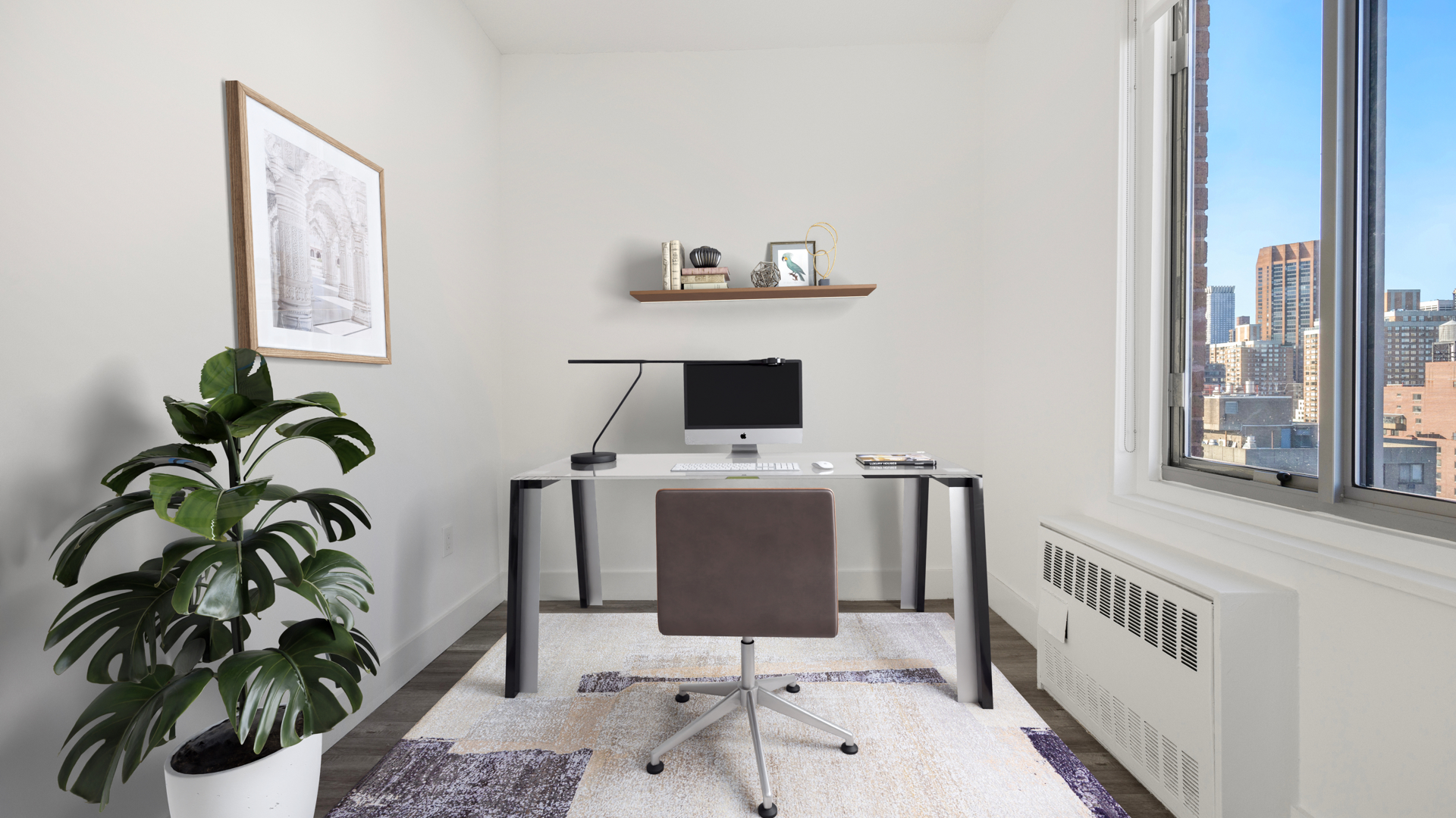 Office with desk, Mac desktop, plant, city view, abstract rug