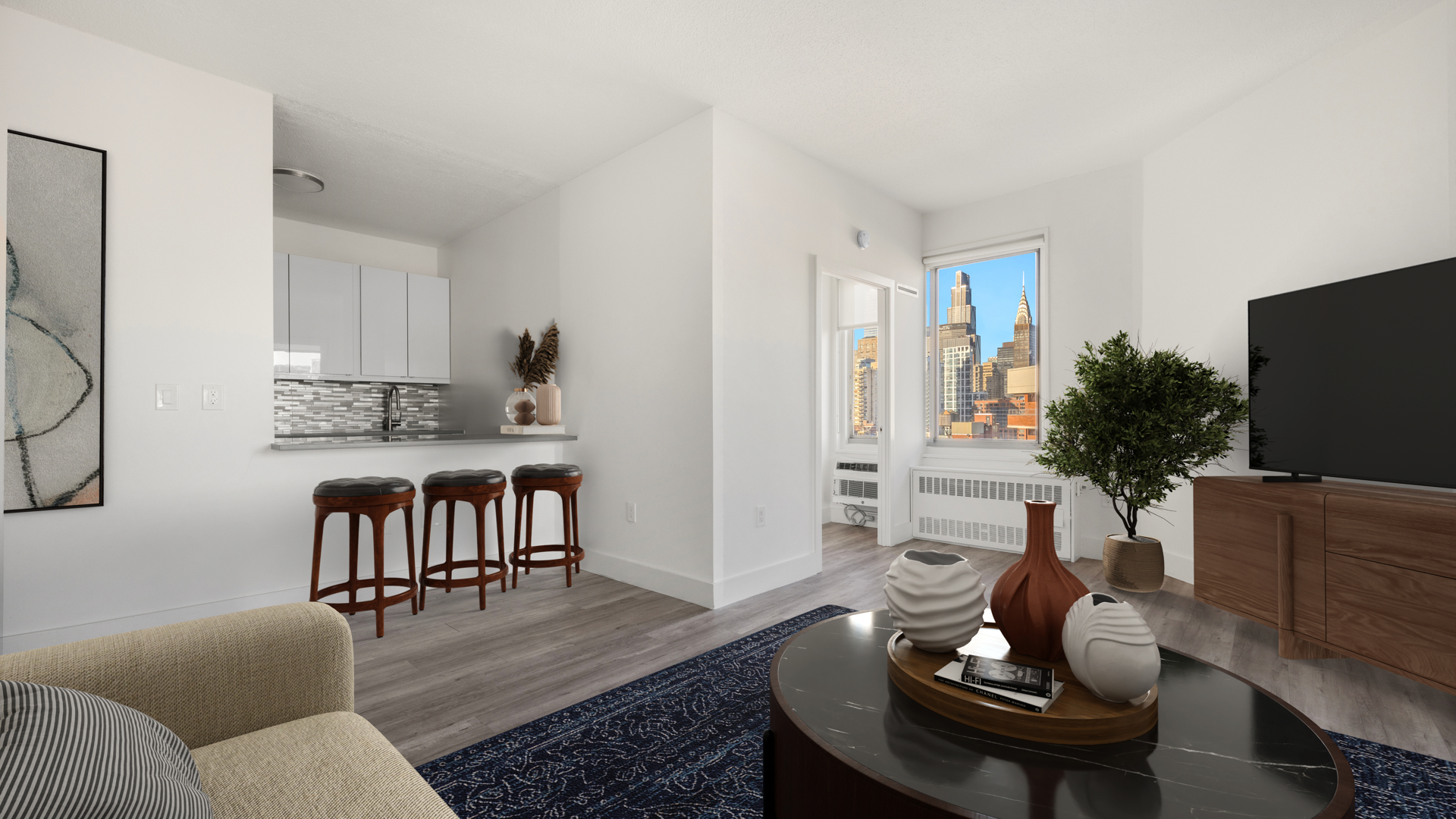 Living Room and Kitchen, brown bar stools, blue rug, city view