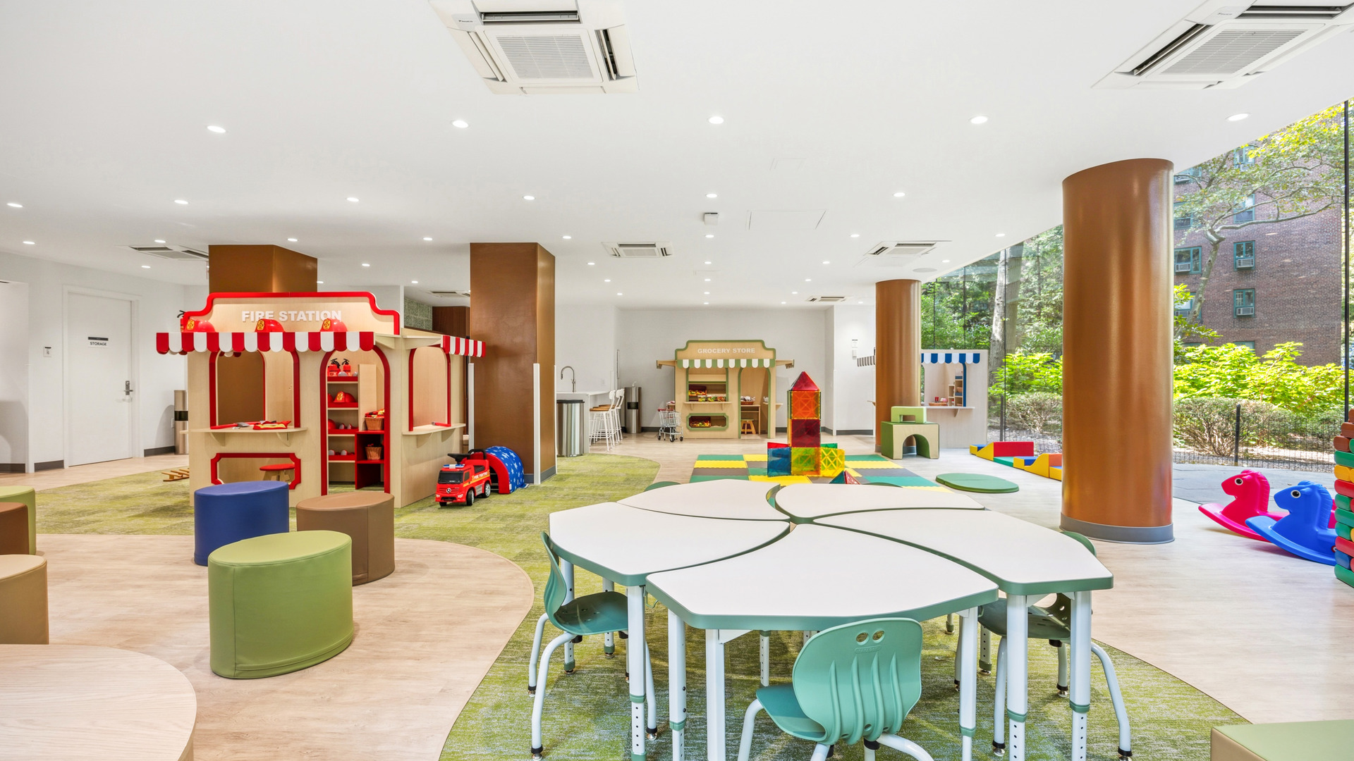 Wideshot of table with fire station and blocks in back