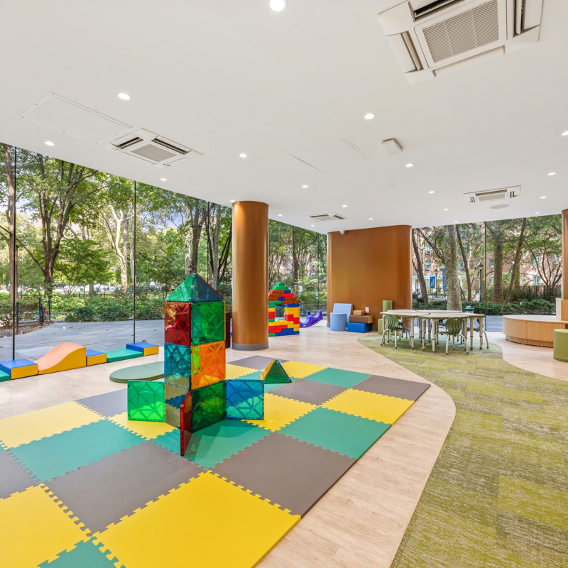 Play area with blocks and mats