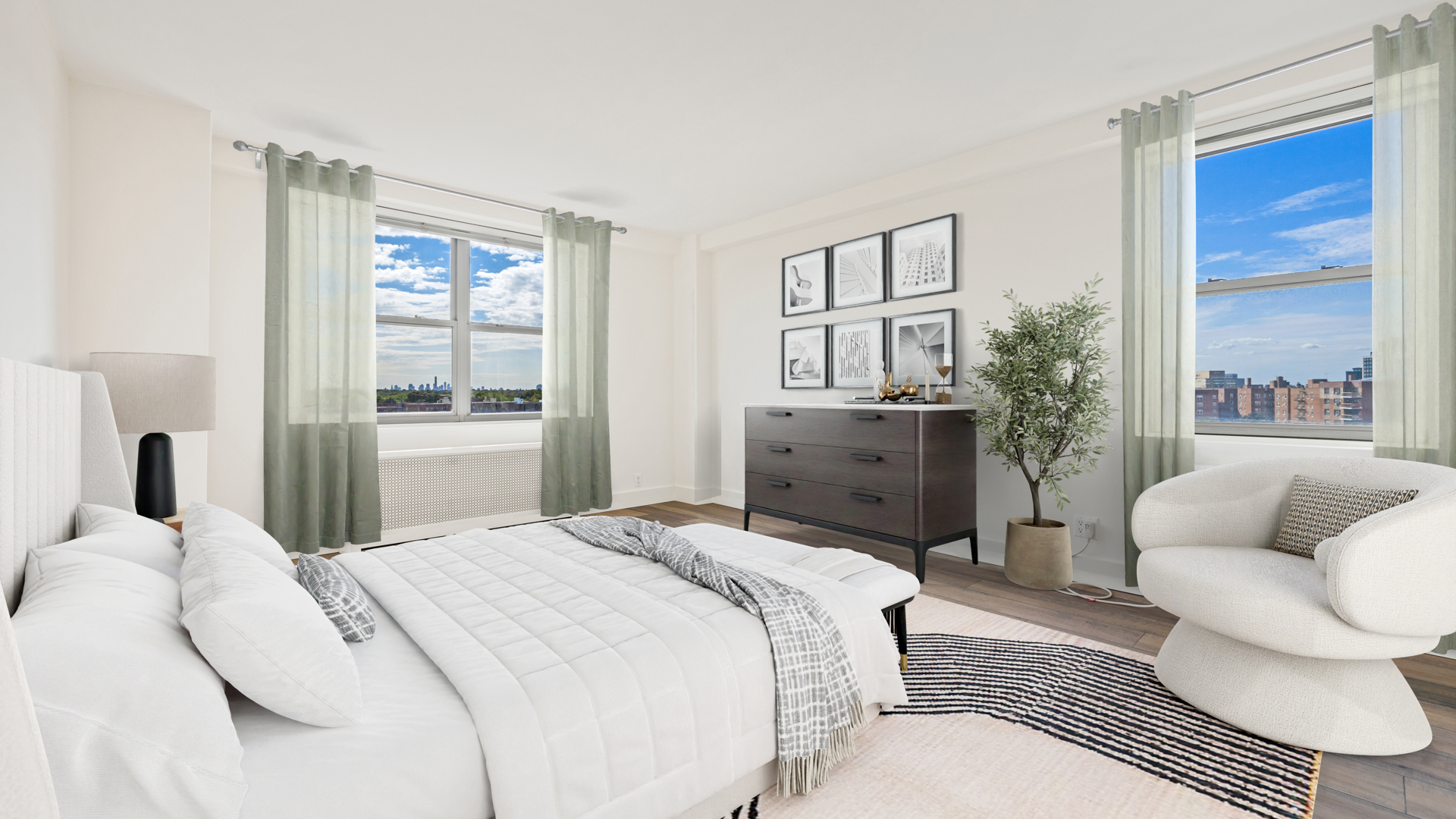 Bedroom with White Bedding, Green curtains, White chair