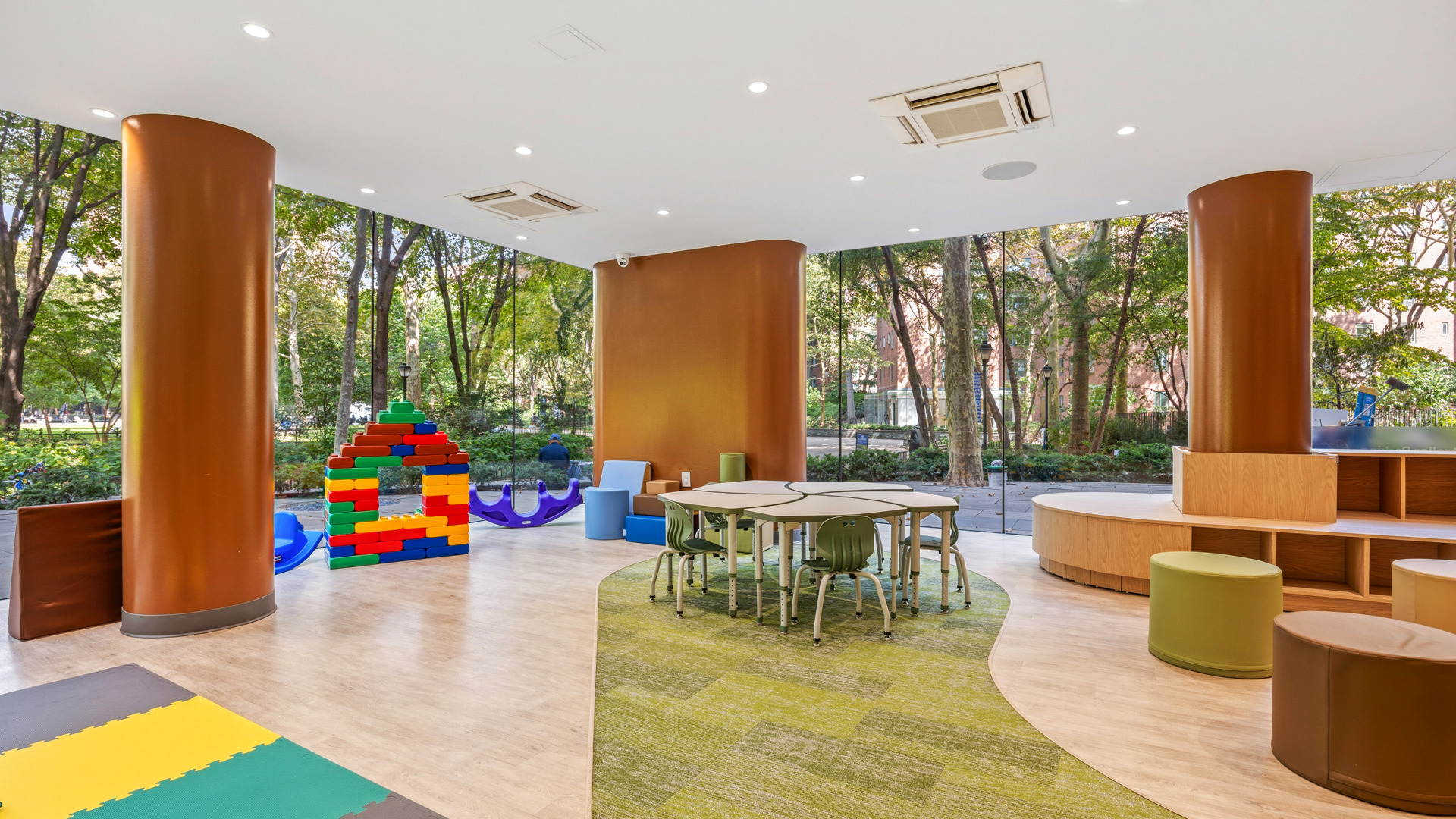 Wideshot of table, seating, blocks