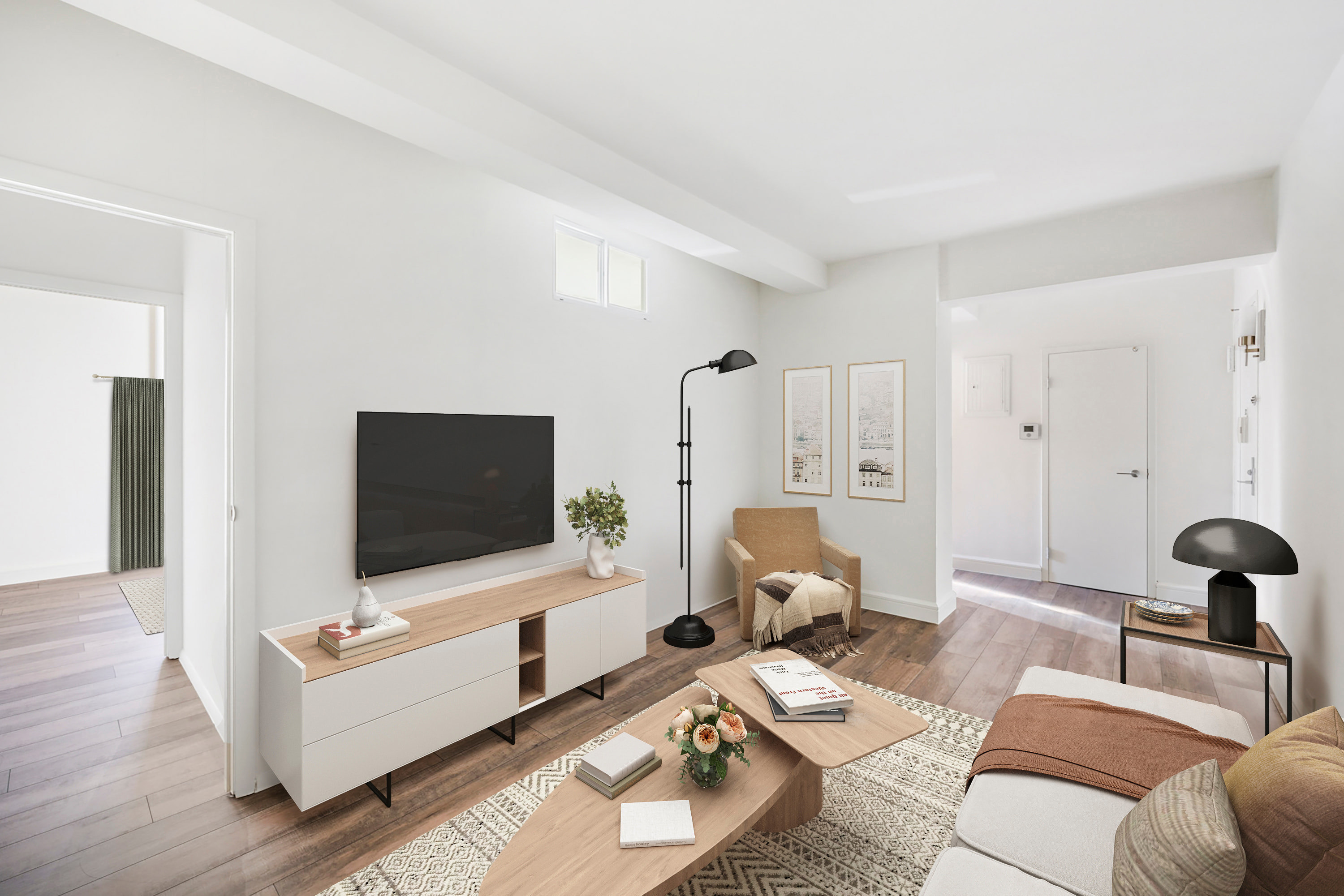 Living Room with Brown hardwood, tv cabinet, brown chair