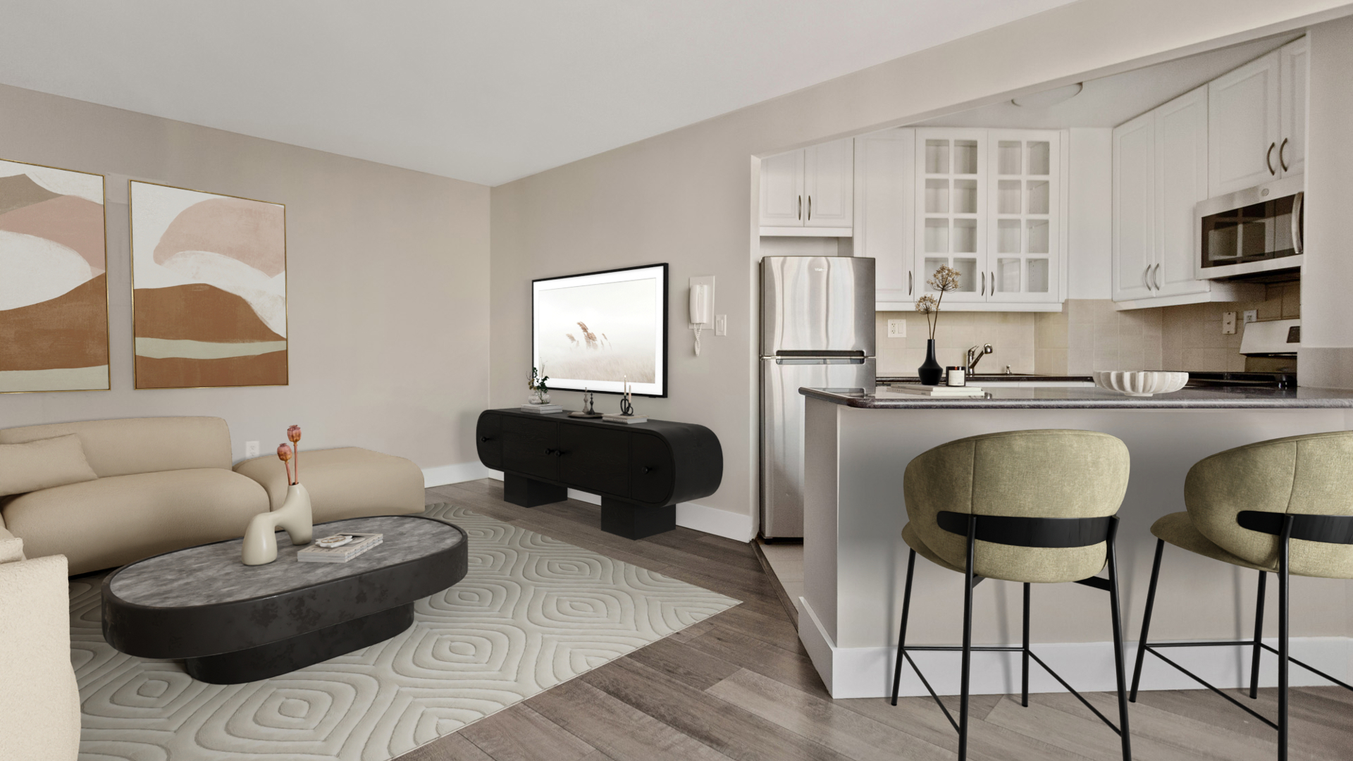 KBC 1 bed living and kitchen w bar stools