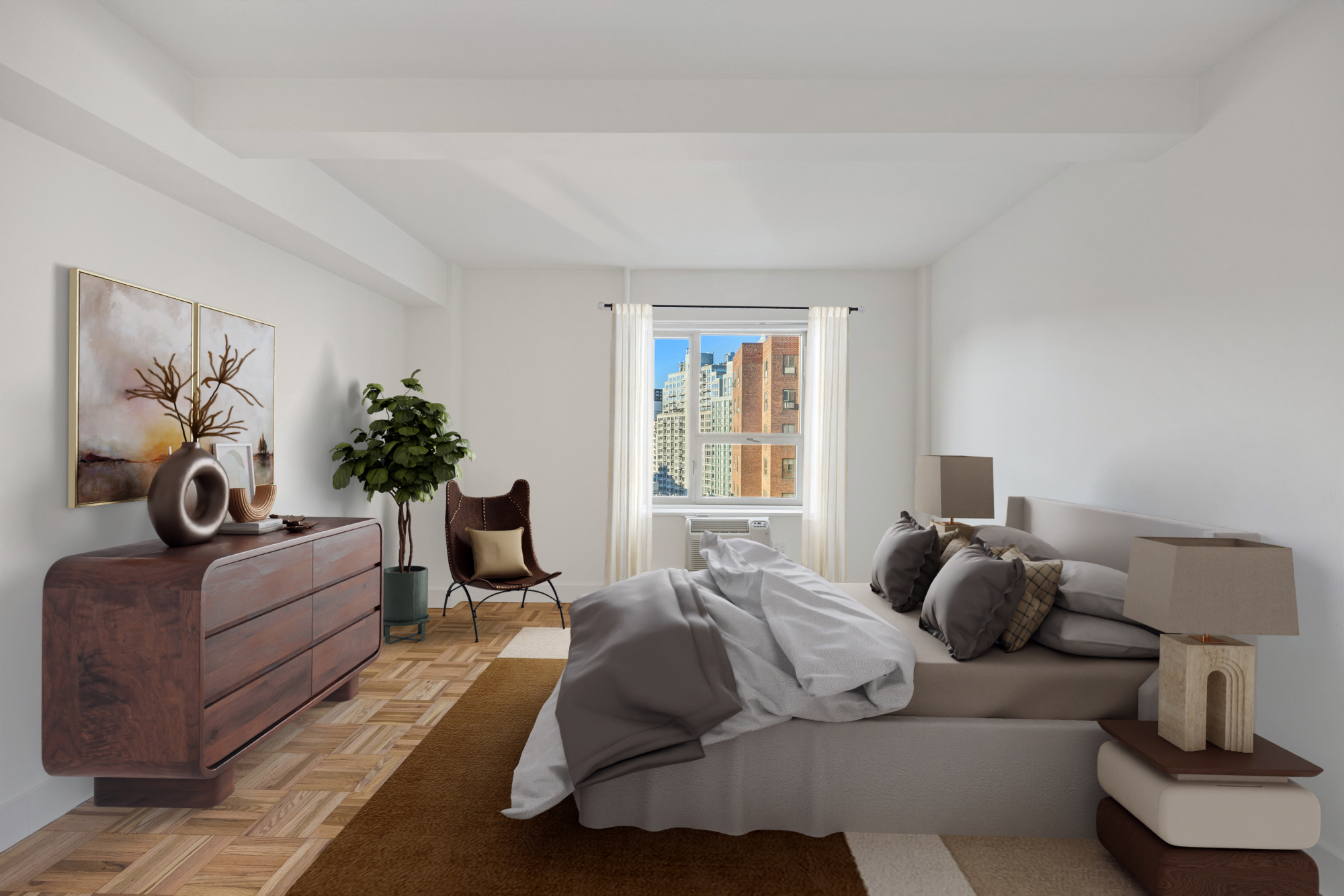 Bedroom with grey bed, white curtains, brown cabinet, plants