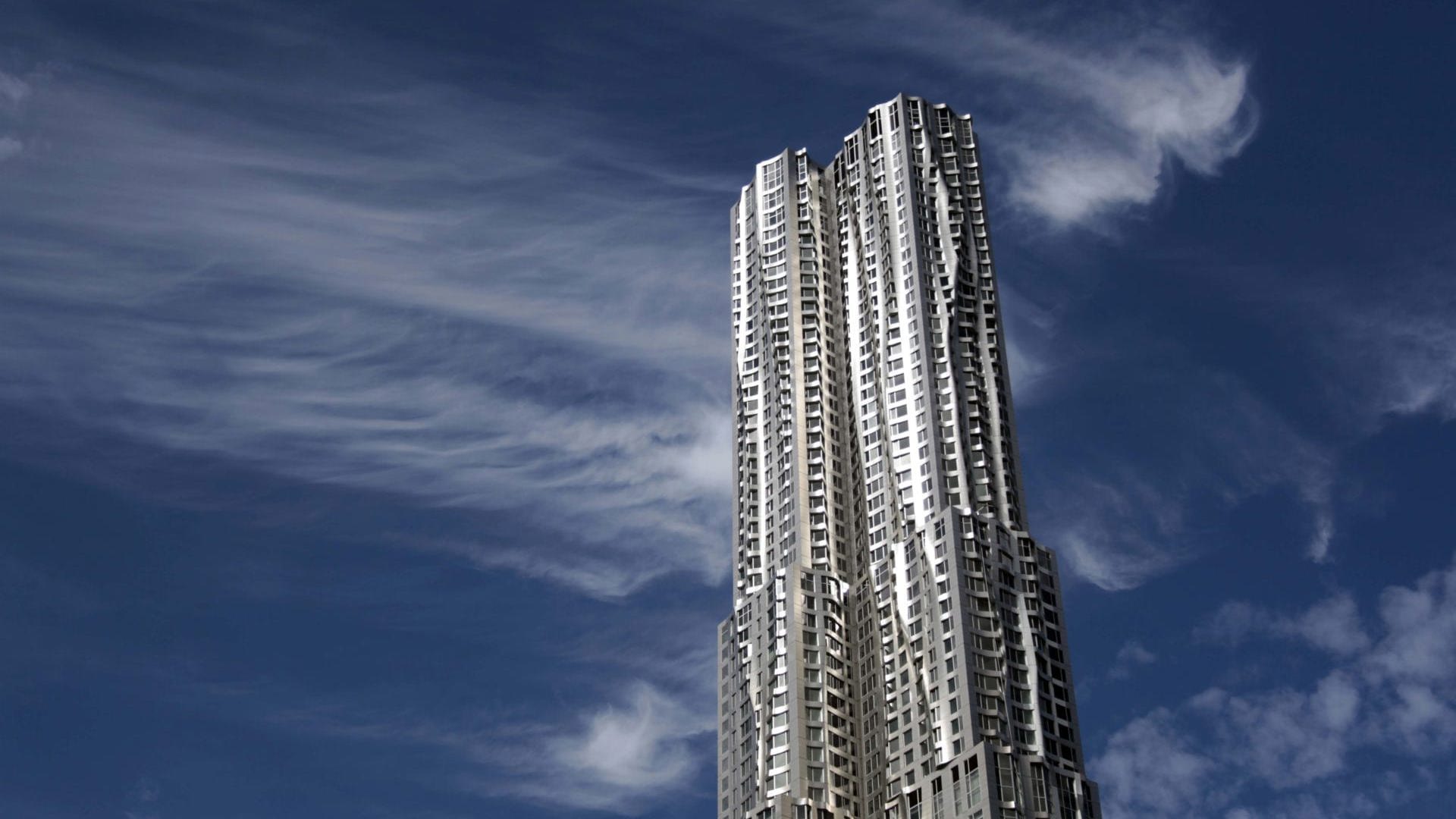 8 Spruce's rippling stainless steel facade by Frank Gehry in the Financial District, New York