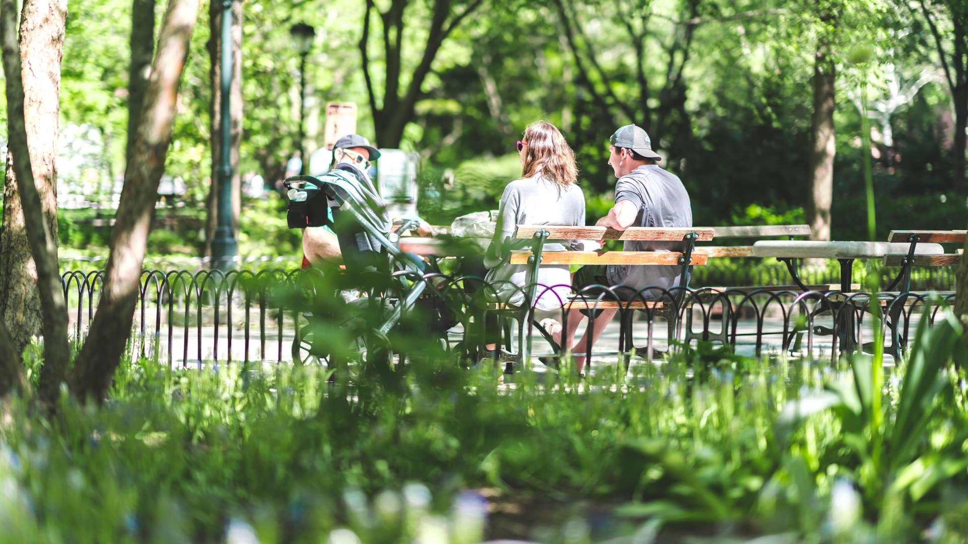 People talking on benches