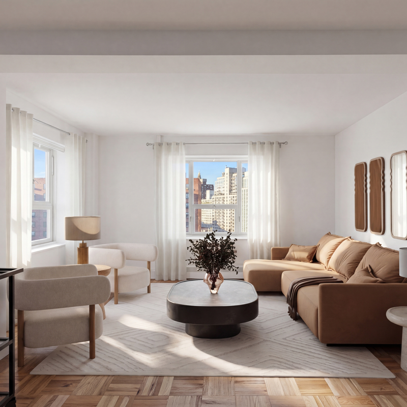 Living Room with tan couch, city view, two chairs, big rug