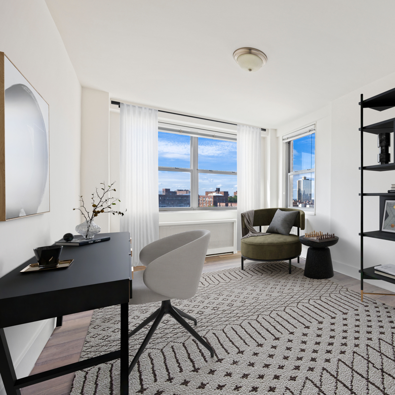 Office with black bookcase, pattern rug, city view in back