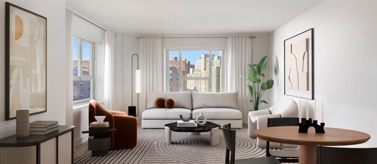 Living Room with city view, white curtains, gray couch, dark orange chair